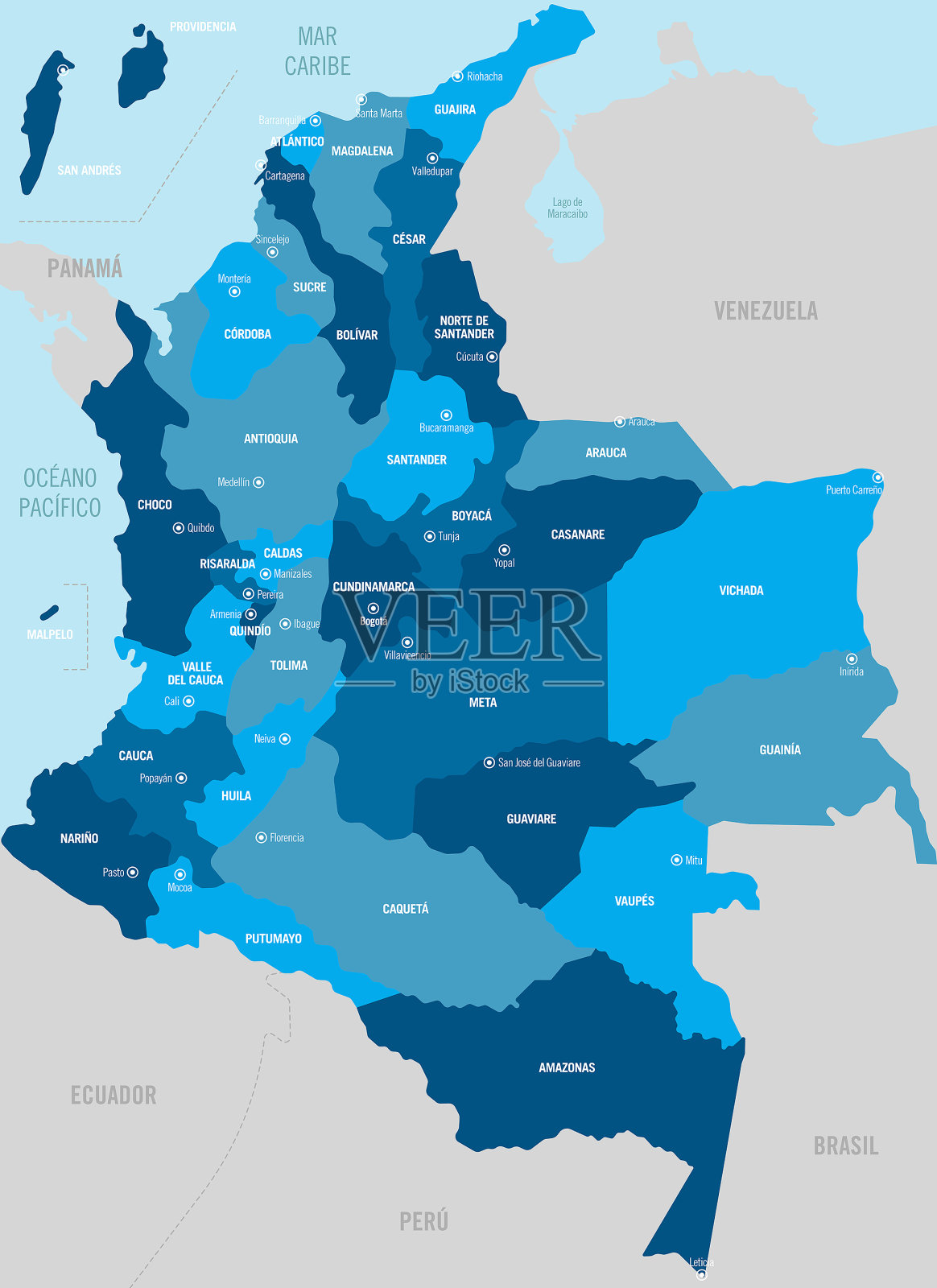 哥伦比亚国家详细的政治地图。插画图片素材