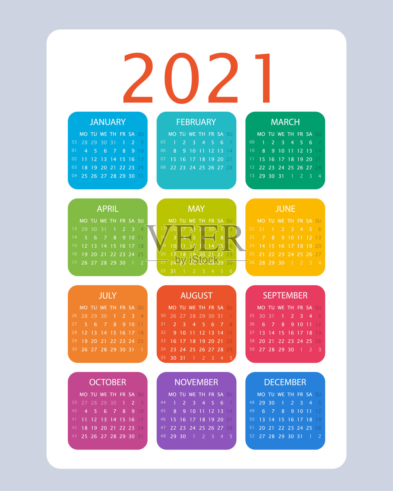 2021年的日历。彩色矢量设计。一周从周一开始设计模板素材