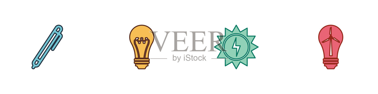 设置钢笔，灯泡，太阳能电池板和风力涡轮机图标。向量图标素材