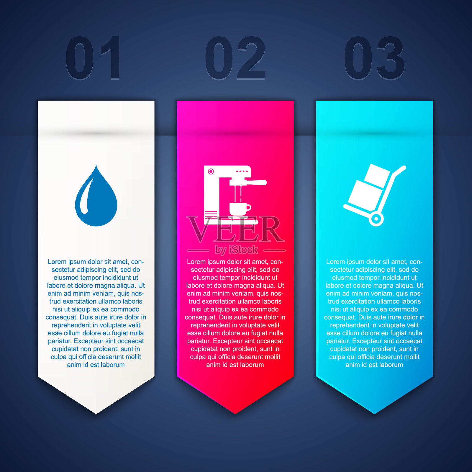 设置水滴，咖啡机，杯子和手推车箱。业务信息模板。向量设计模板素材