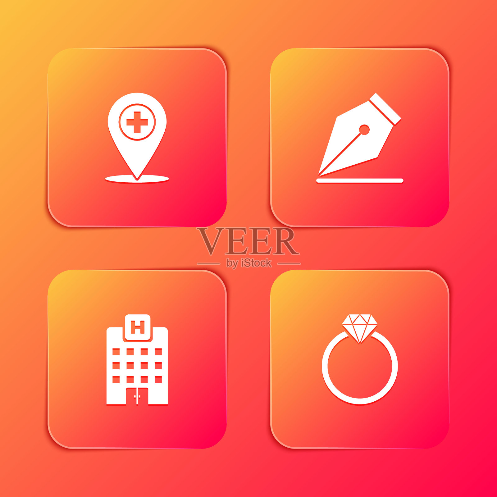 设置医疗位置与十字，钢笔笔尖，医院大楼和钻石订婚戒指图标。向量图标素材