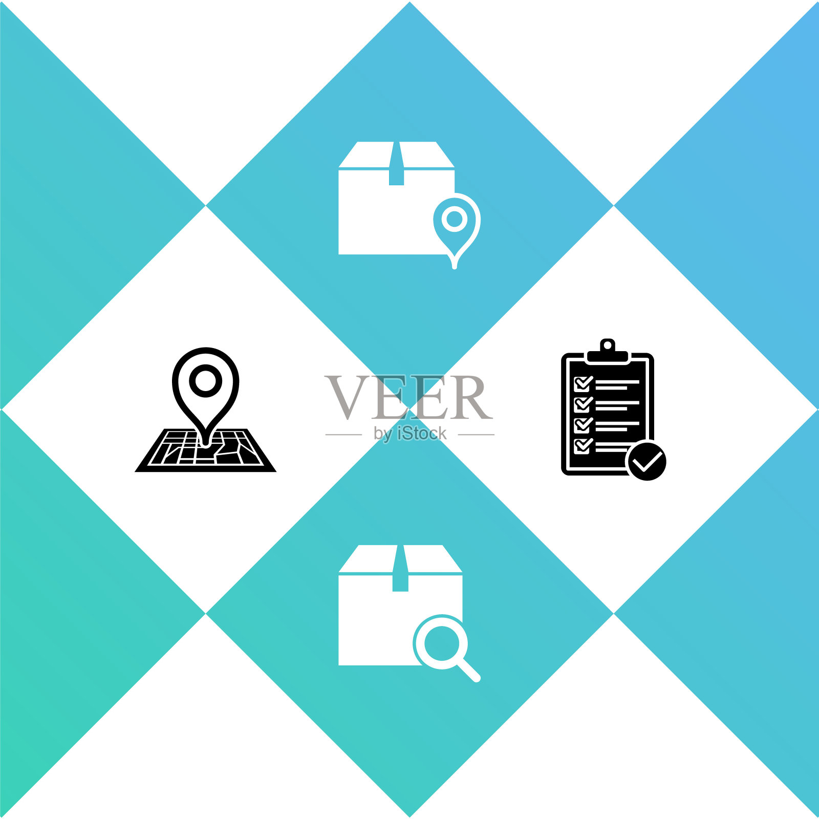 在地图上设置占位符，搜索包，位置与纸箱和验证送货清单图标。向量插画图片素材