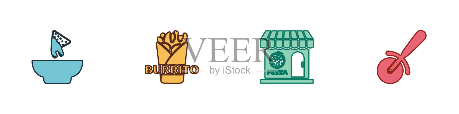Set Nachos in plate, Burrito，披萨店建筑立面和披萨刀图标。向量插画图片素材