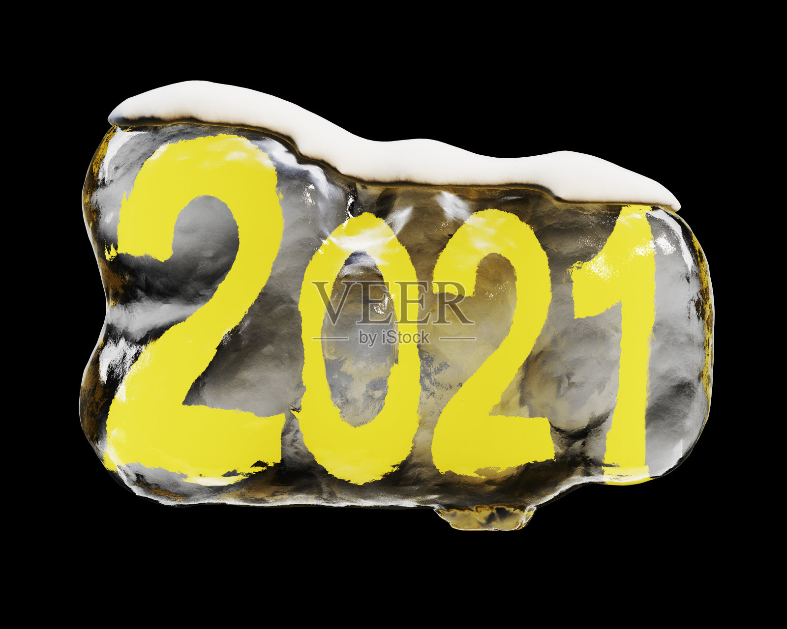 数字“2021”被冻结在冰中，并在黑暗的背景上洒上雪。新年的主题。三维渲染照片摄影图片