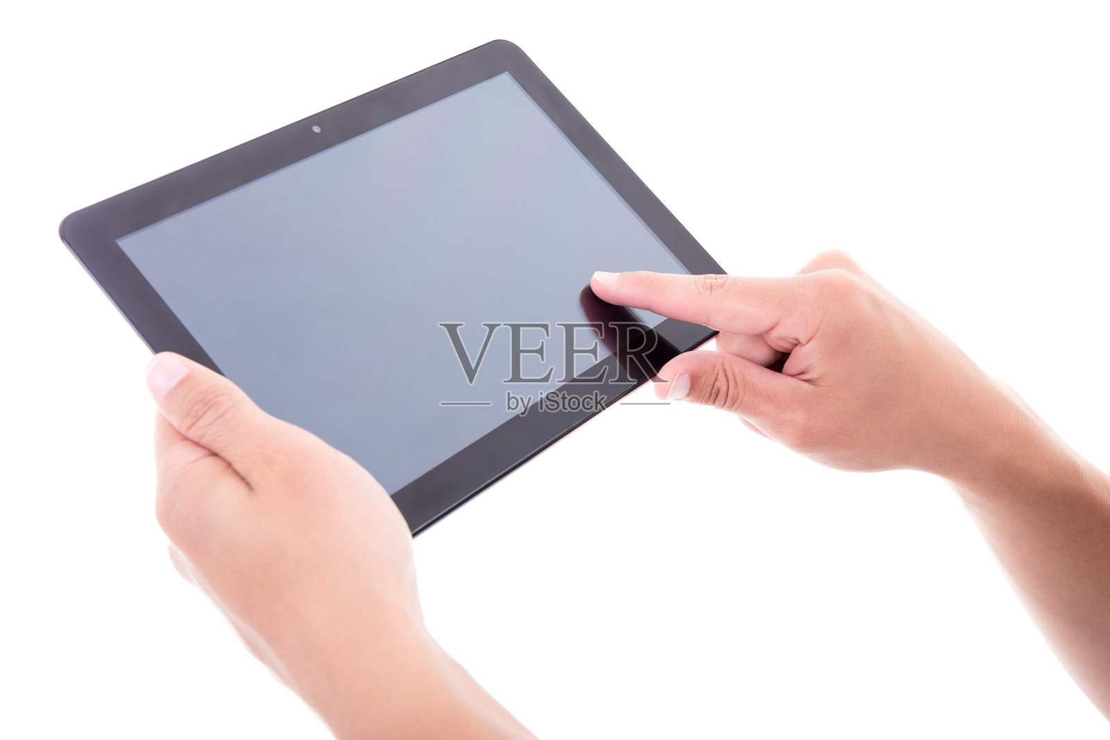 手使用平板电脑与空白屏幕隔离在白色照片摄影图片