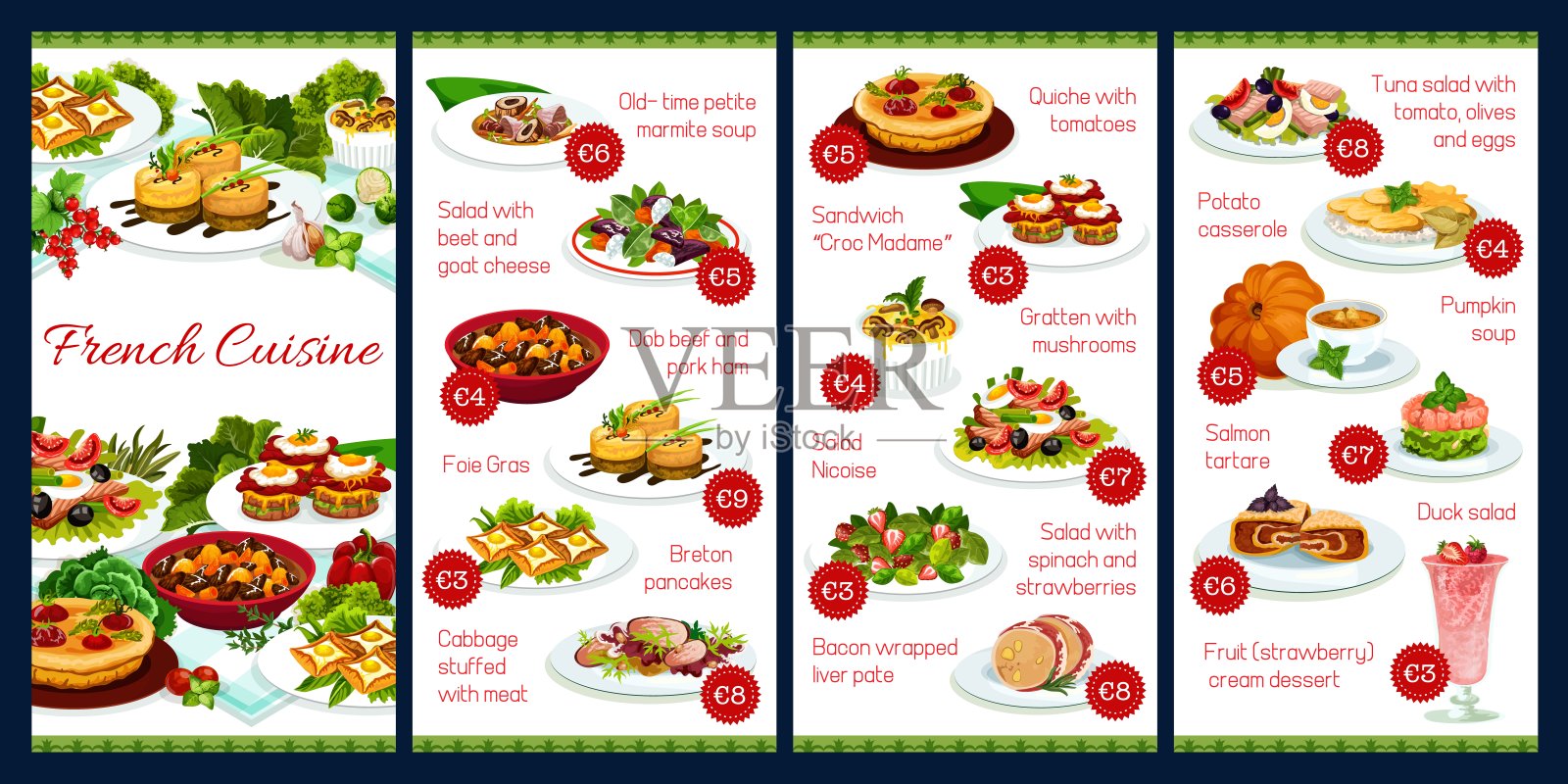 法国菜矢量菜单模板，法式餐点设计模板素材