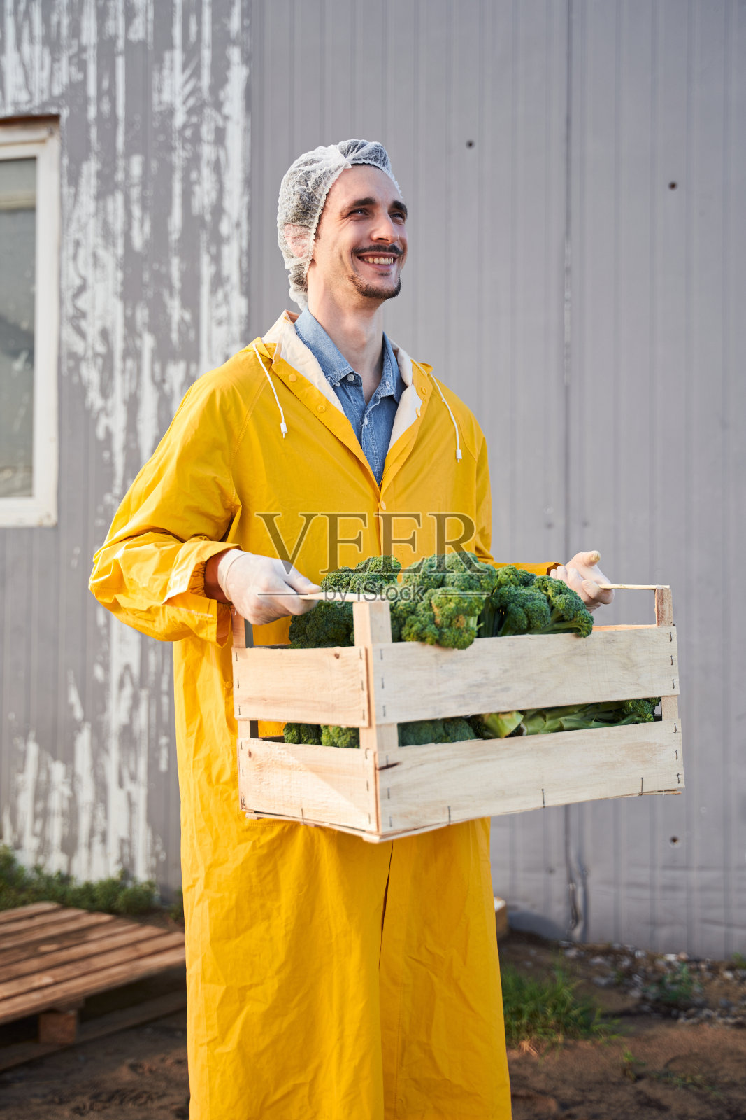 一个兴高采烈的年轻人扛着收获的蔬菜在农场里照片摄影图片