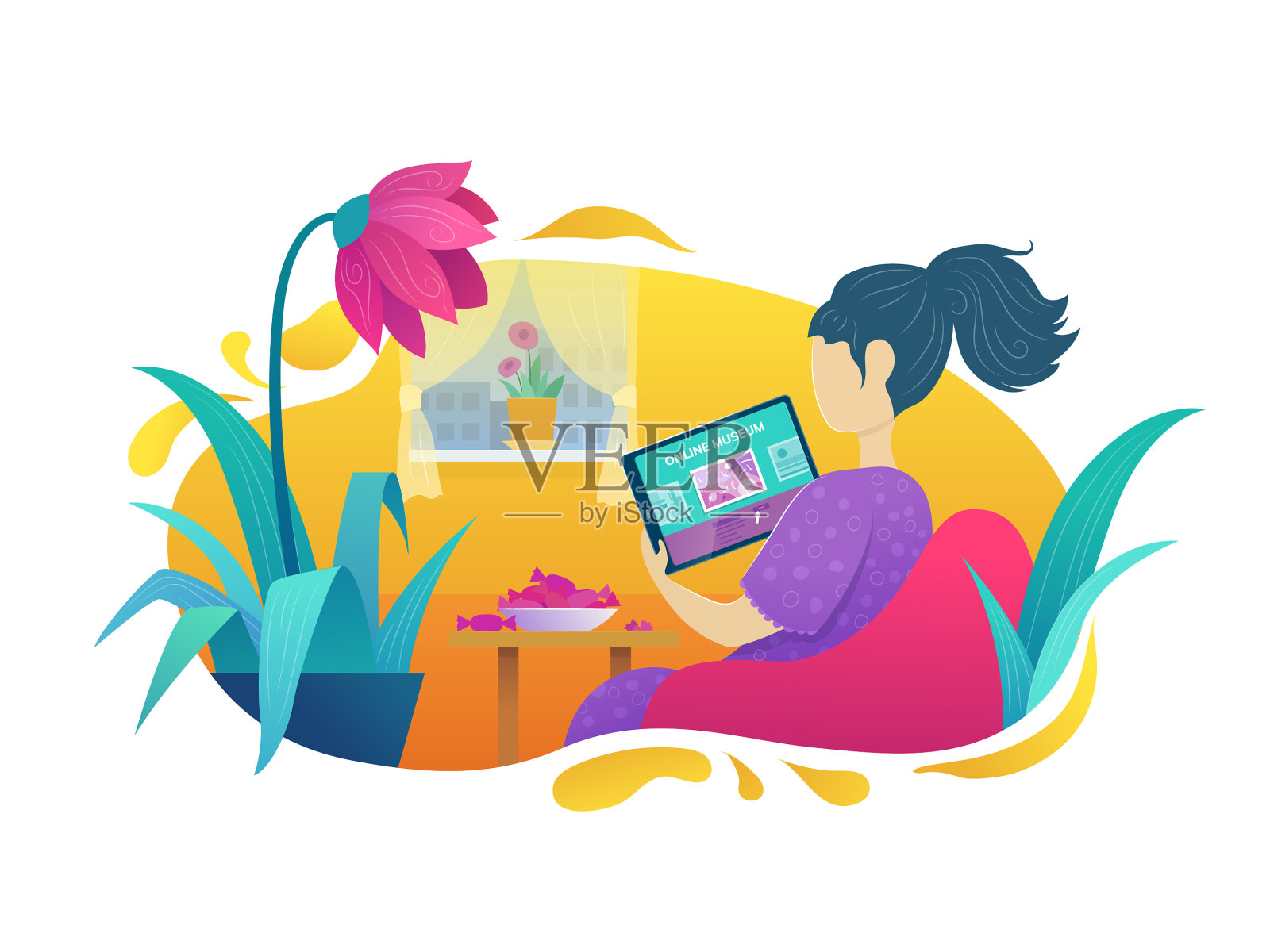 在线博物馆参观女性参观艺术展览插画图片素材