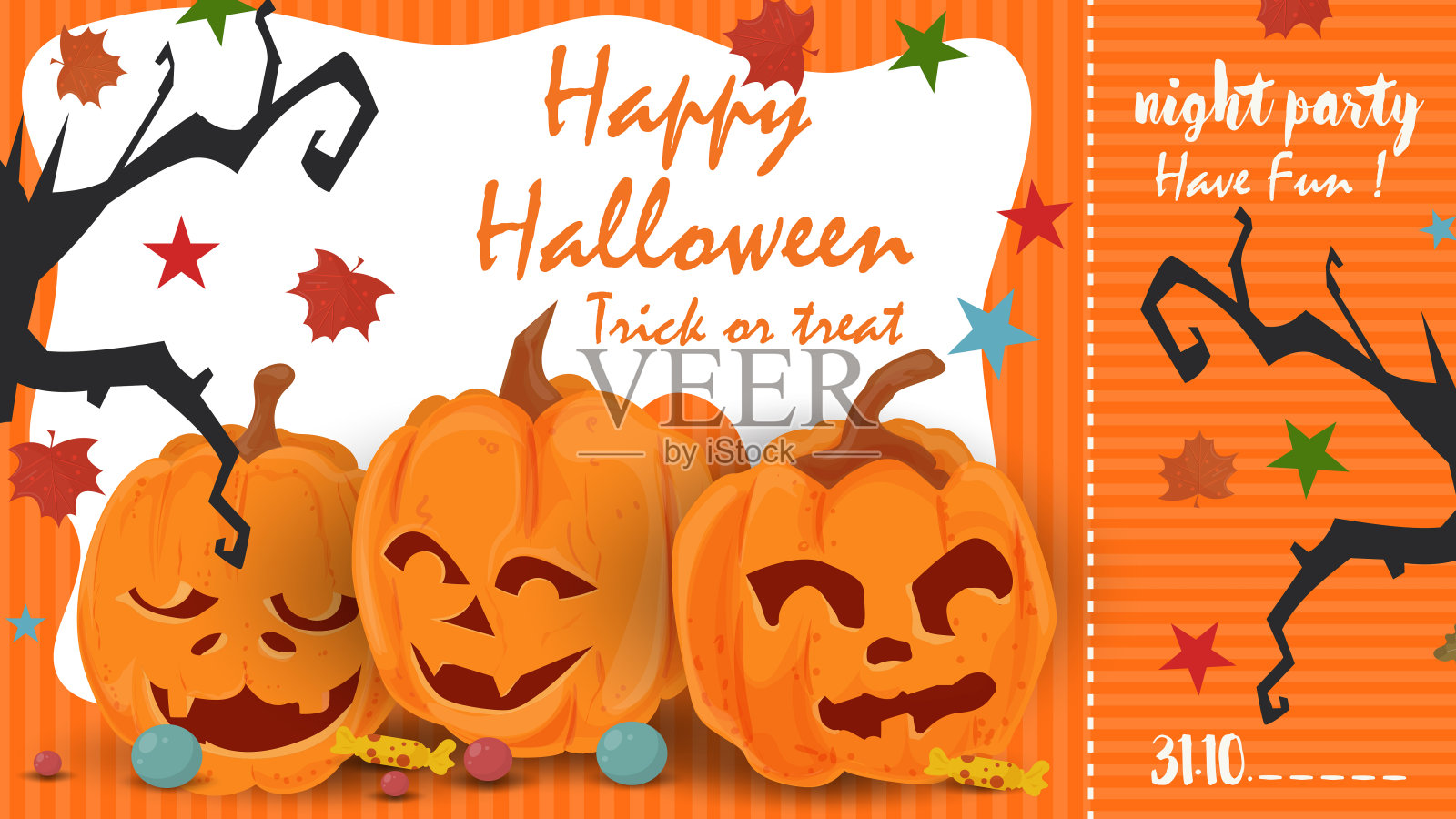 万圣节前夕节日派对入场券橙色票，三个南瓜剪影矢量图设计模板素材