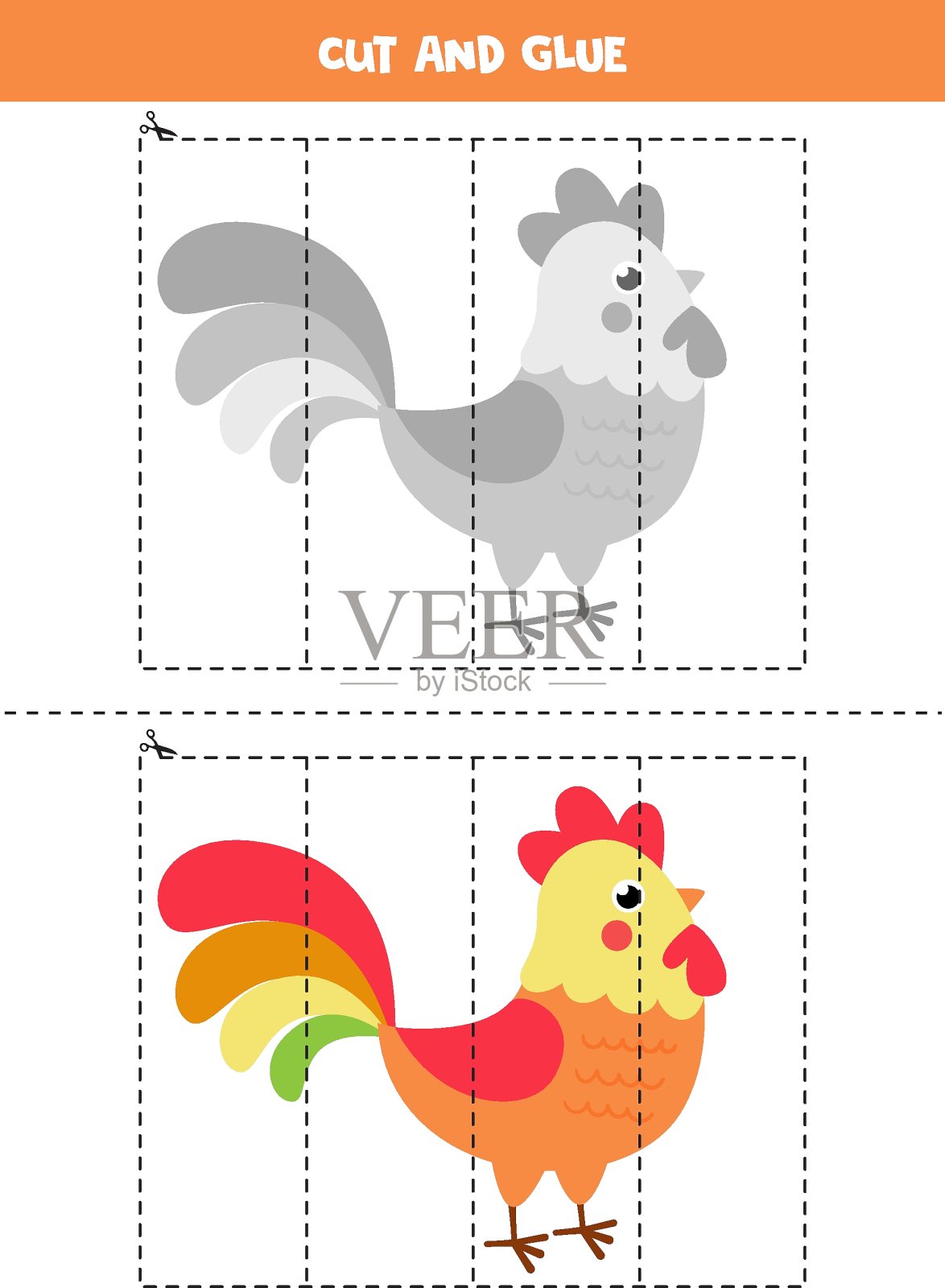 剪和胶水游戏的孩子。可爱的卡通彩色公鸡。插画图片素材