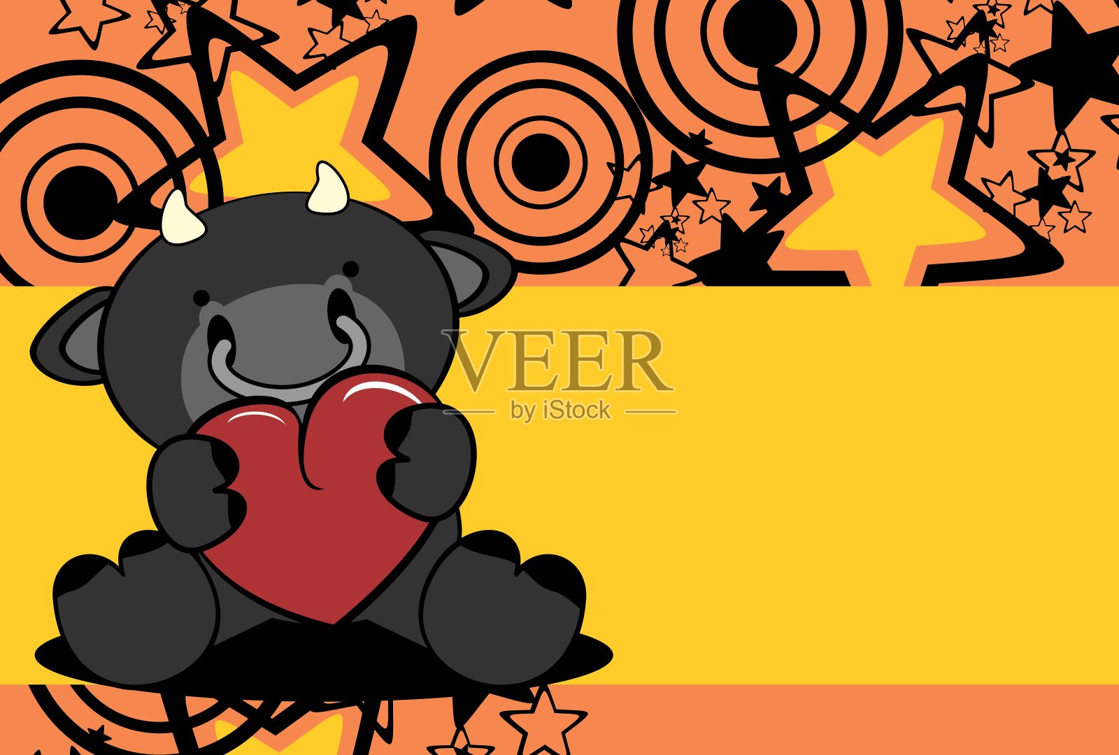 可爱的坐娃黑牛卡哇伊卡通抱心背景插画图片素材