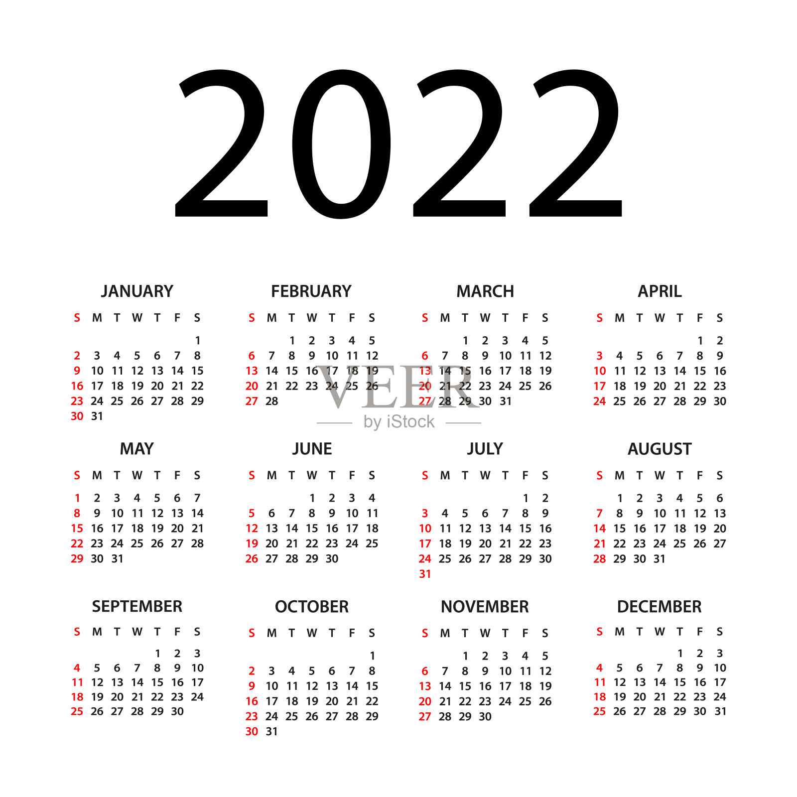 日历2022 -插图。一周从周日开始。日历设定为2022年插画图片素材