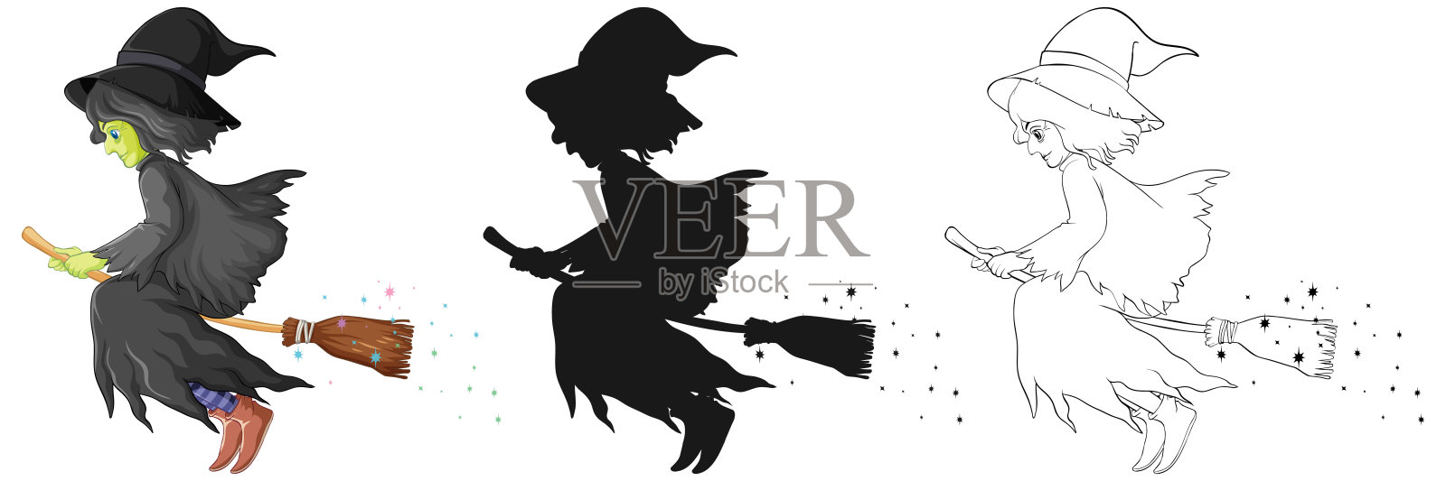 女巫与扫帚在颜色和轮廓和剪影卡通人物孤立在白色背景插画图片素材