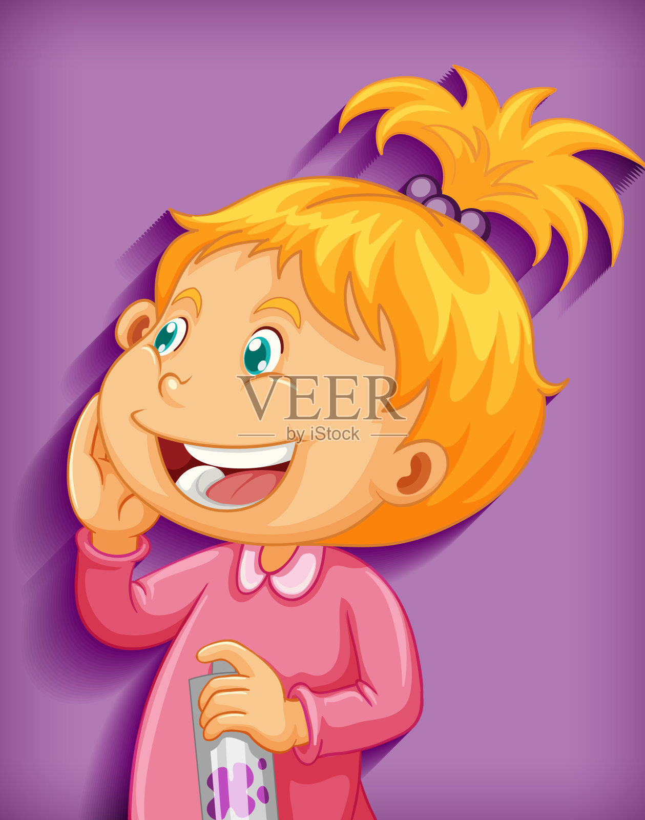 可爱的小女孩微笑卡通人物孤立在紫色的背景设计元素图片