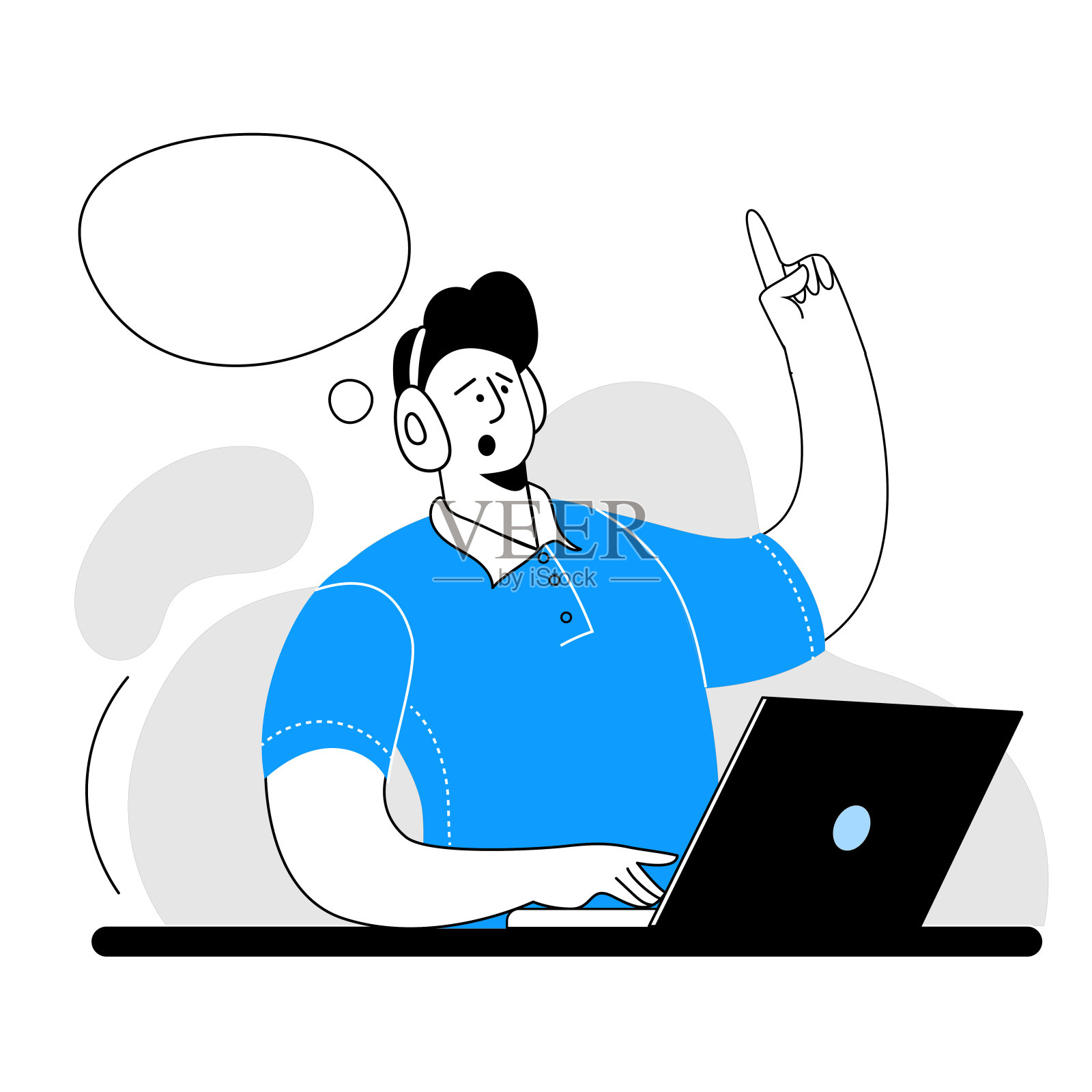 一个戴着耳机的男人坐在电脑前讲电话。插画图片素材