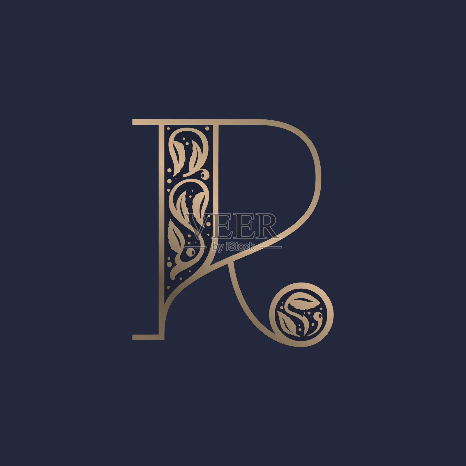 复古的R字母标志与优质装饰。经典衬线字体。设计元素图片