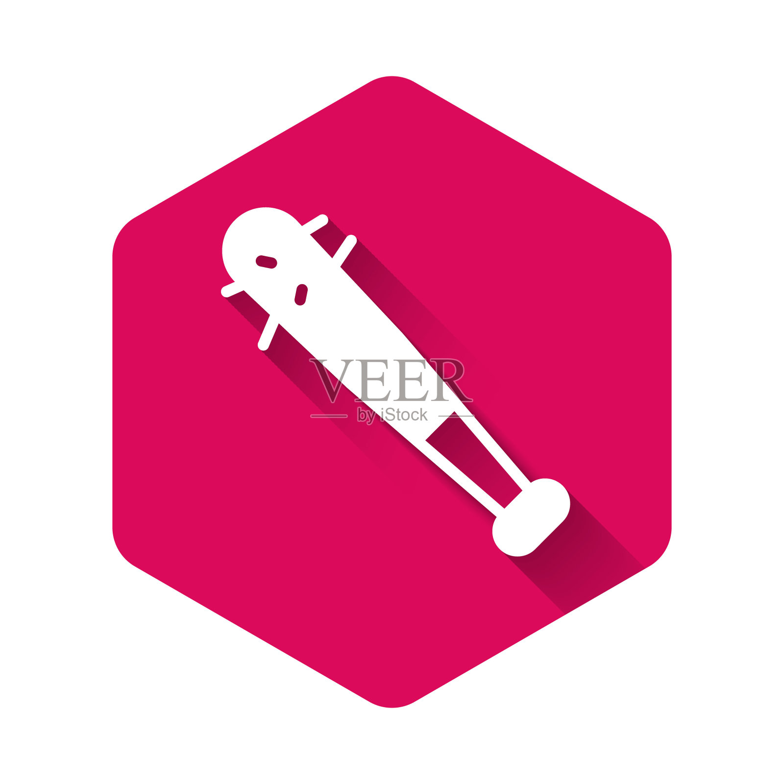 白色棒球棒与指甲图标孤立与长影子。暴力的武器。粉红色的六角按钮。向量插画图片素材