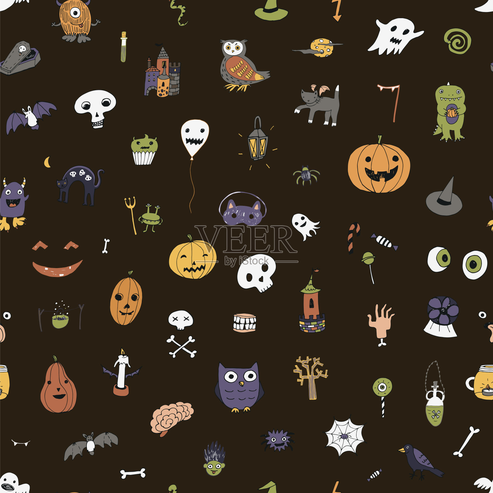 万圣节手绘涂鸦无缝矢量图案插画图片素材