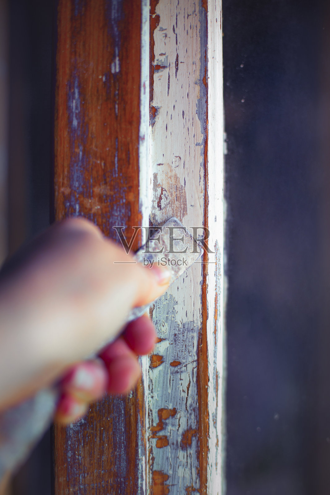 清除木窗上的旧油漆照片摄影图片