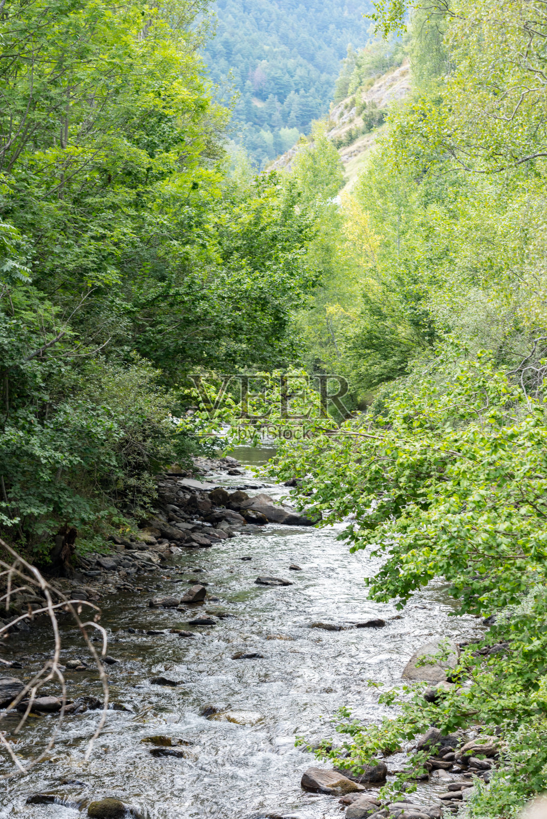 在安道尔，人们在夏天享受东方Valira del Orient河。照片摄影图片