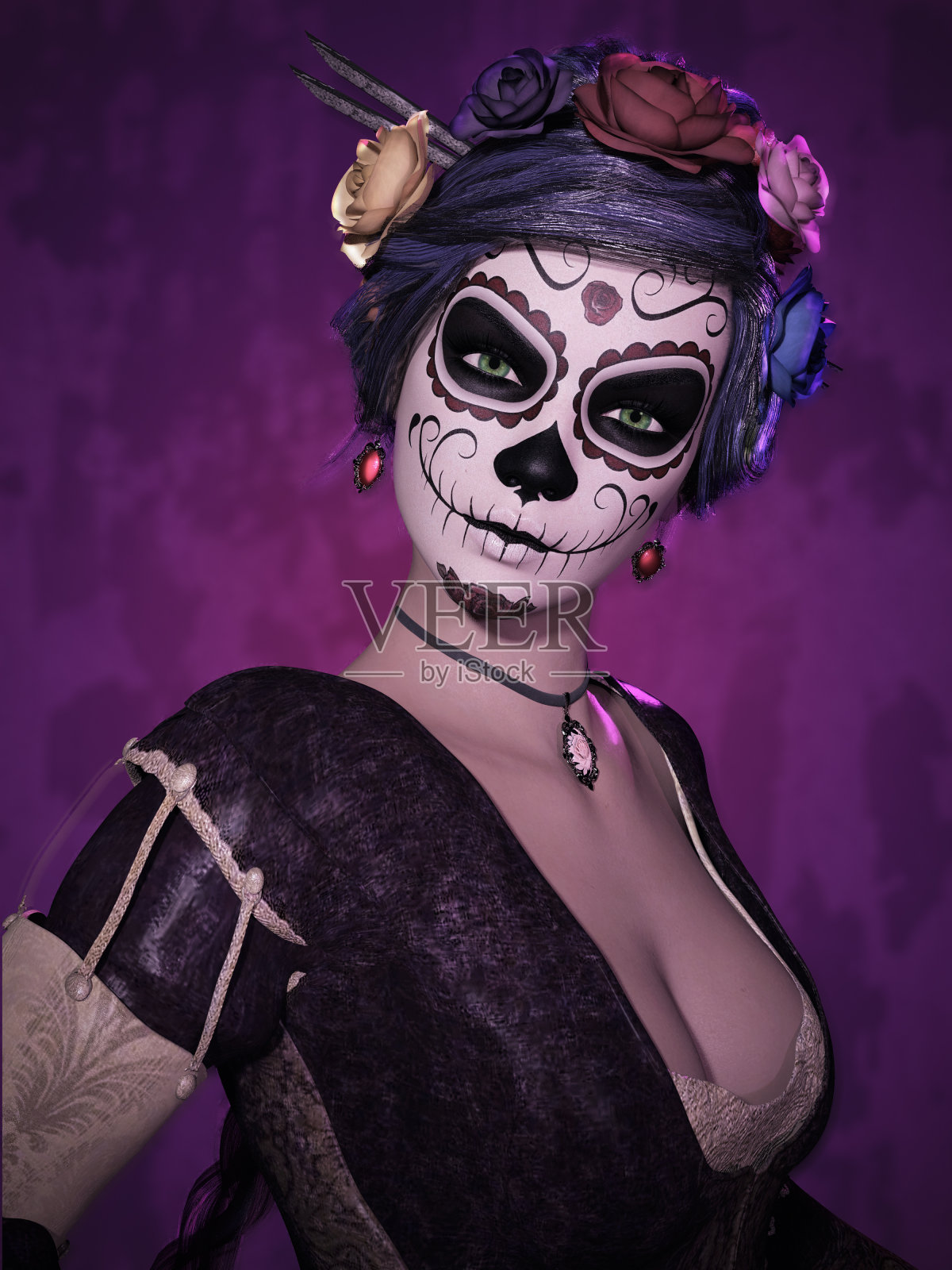 年轻的墨西哥女性骷髅糖。照片摄影图片