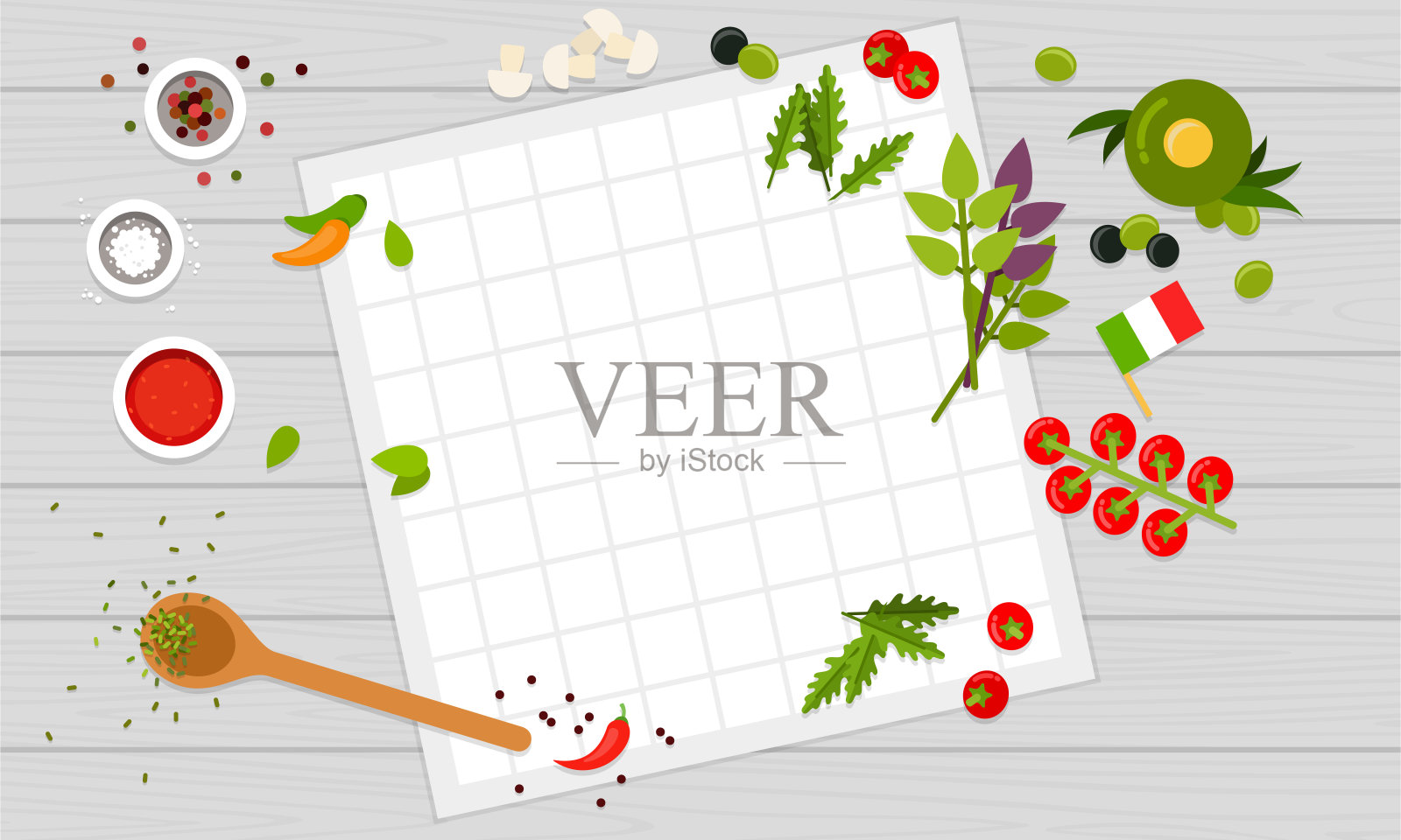 放置烹饪意大利披萨的原料和工具。矢量平面插图。插画图片素材