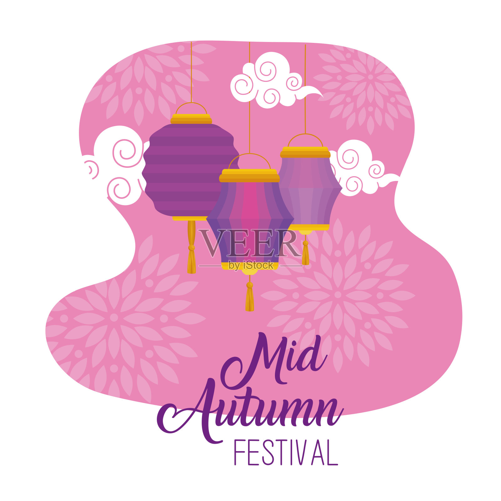 紫色灯笼以喜庆的中秋云朵为载体设计插画图片素材