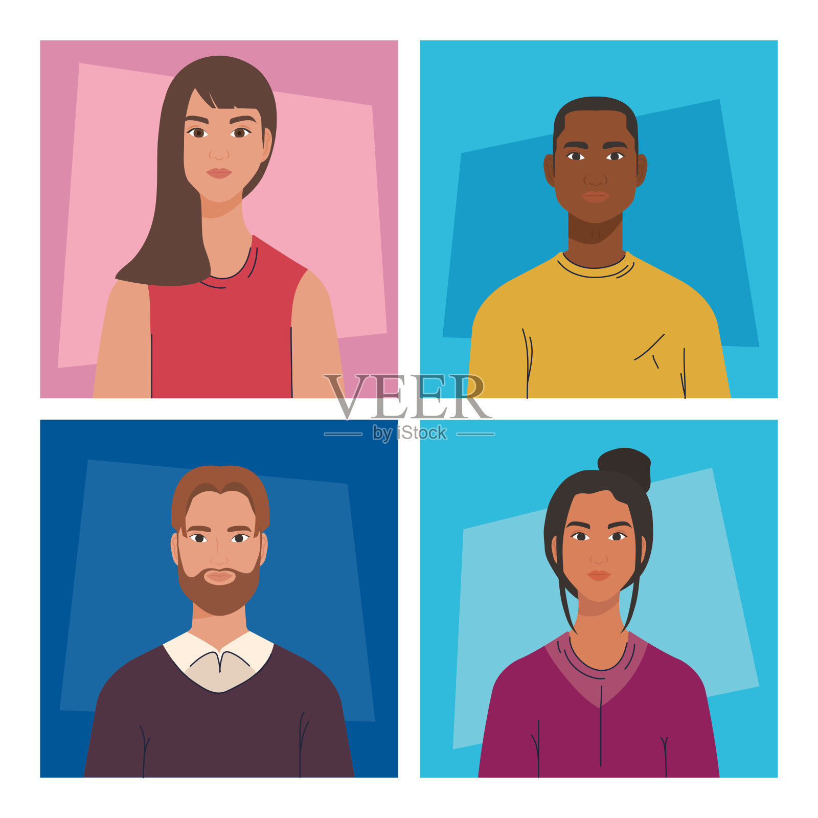 多元化的女性和男性卡通在框架矢量设计插画图片素材