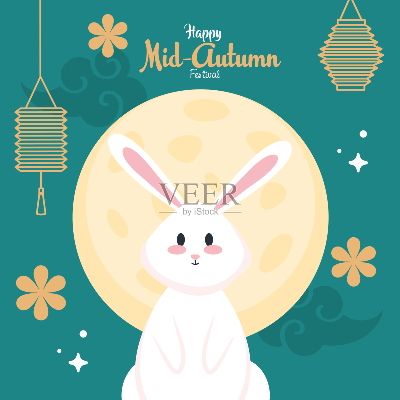 兔子用明月和灯笼的快乐中秋矢量设计插画图片素材