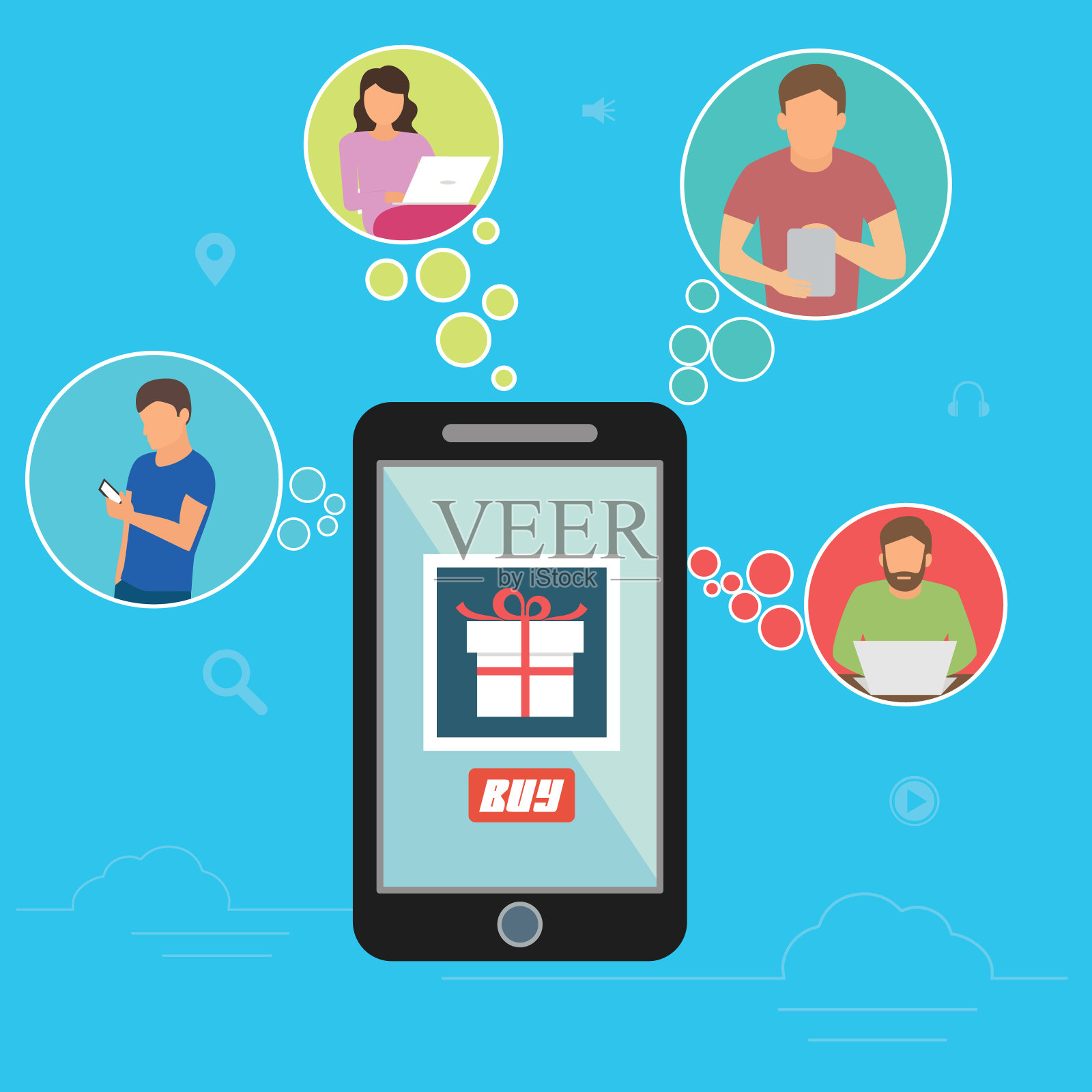 网上购物概念矢量图的一组人使用手机选择，在线订购和通过手机应用程序购买商品。扁平的男人和女人与电子商务图标插画图片素材