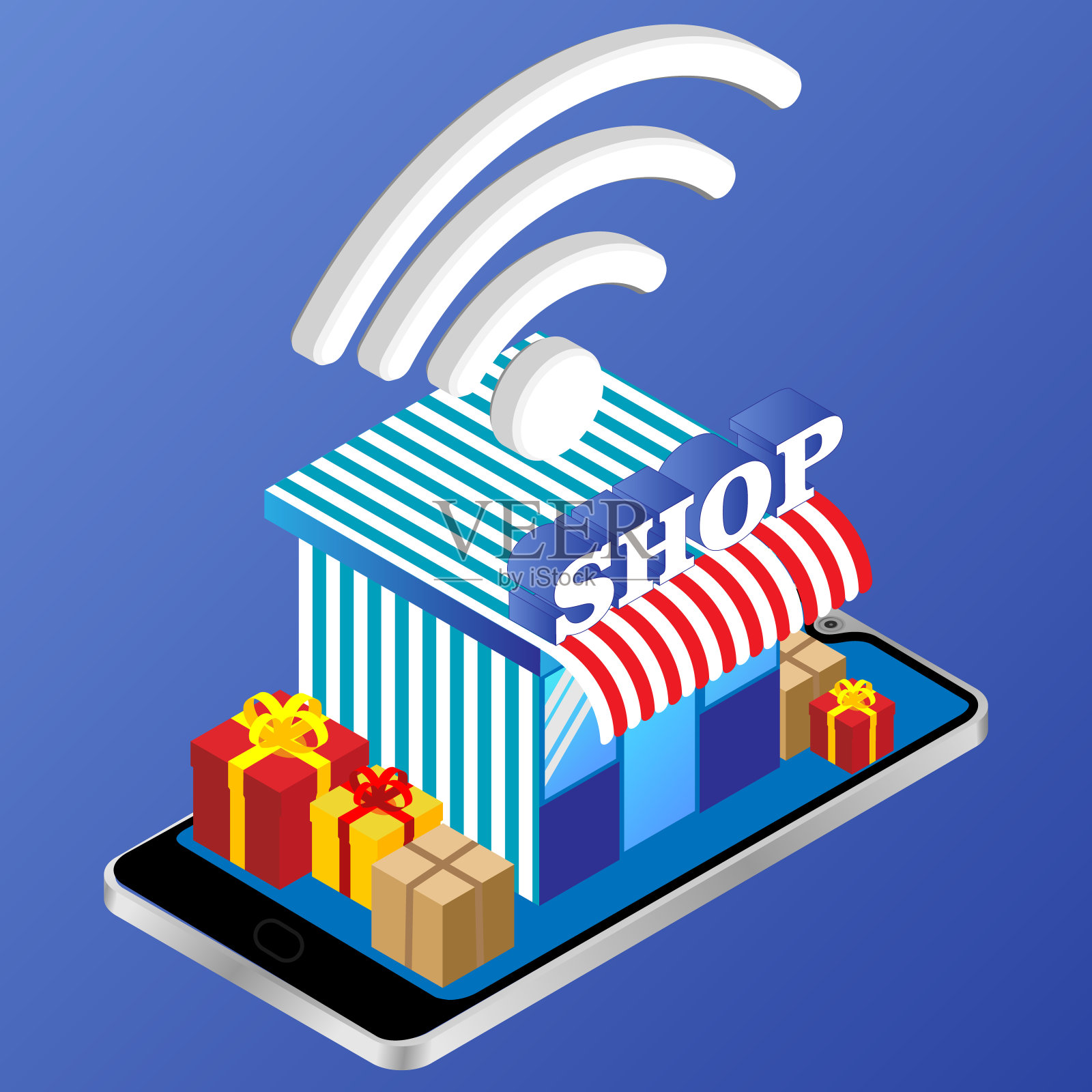 网上购物的概念。网上购物或商店wifi标志和礼物。矢量插图。插画图片素材