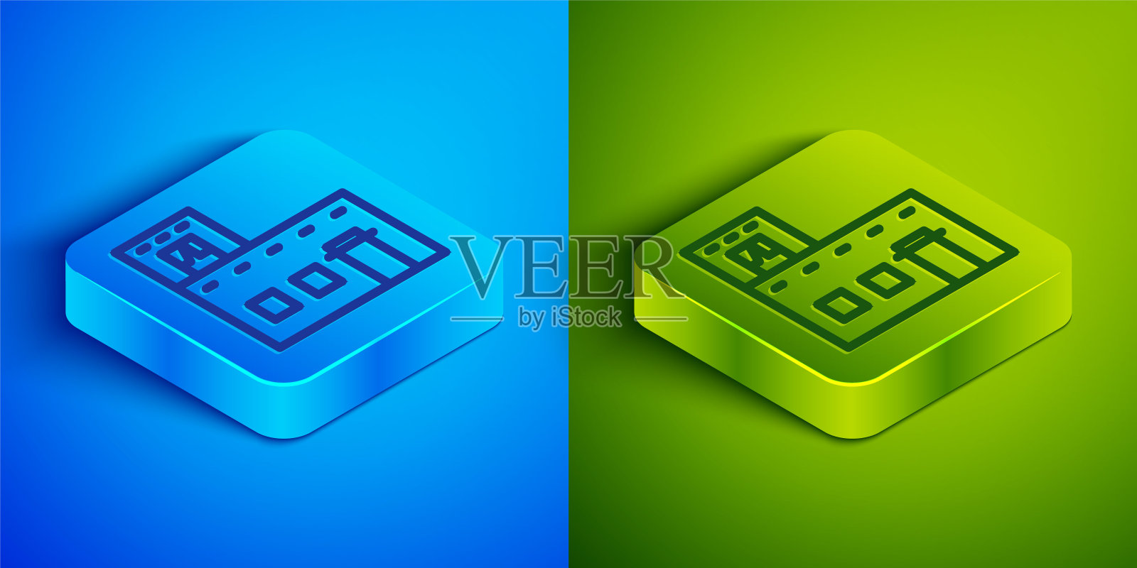 传统的墨西哥房屋图标孤立在蓝色和绿色的背景上。方形按钮。向量图标素材