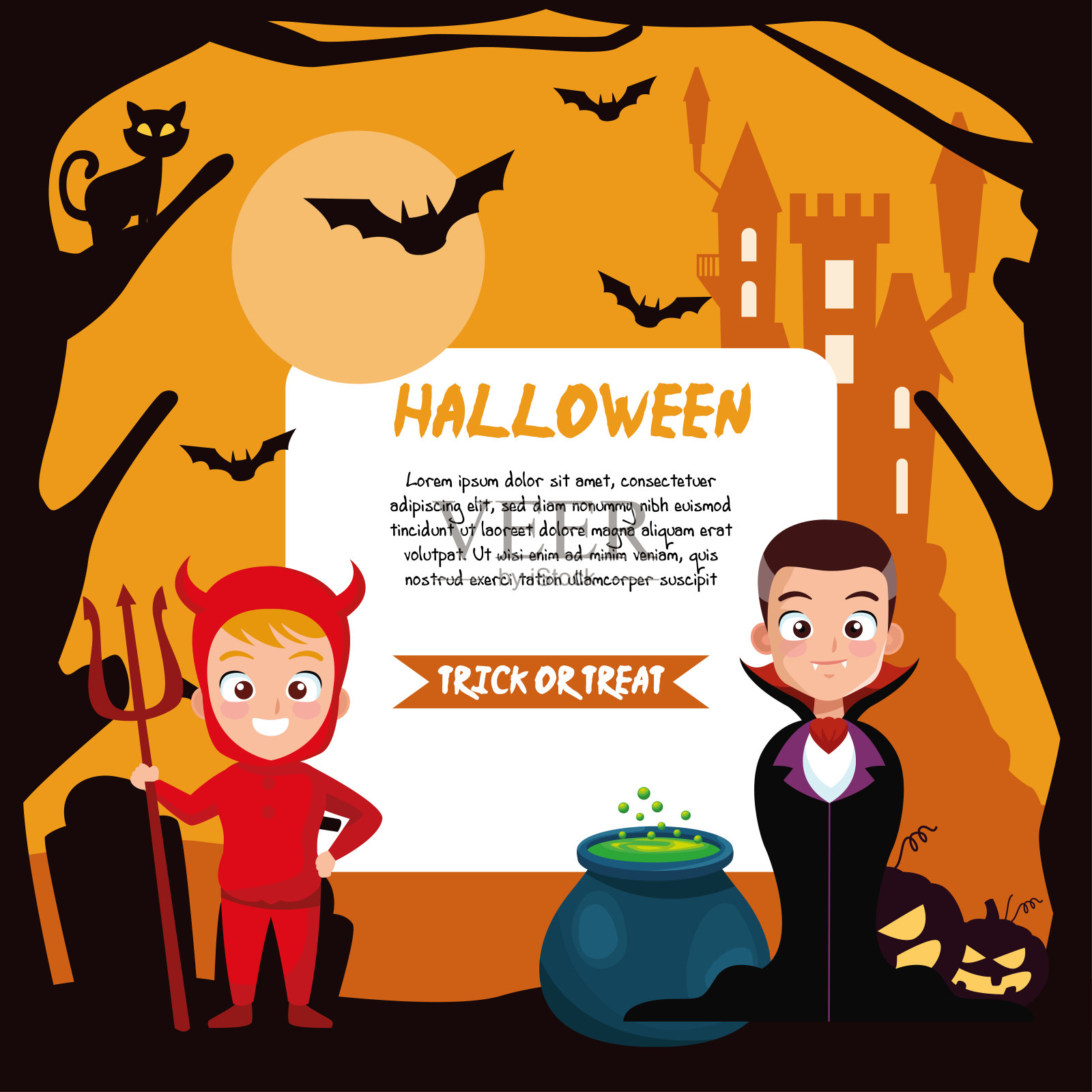 男孩在万圣节吸血鬼和魔鬼服装与旗帜矢量设计插画图片素材