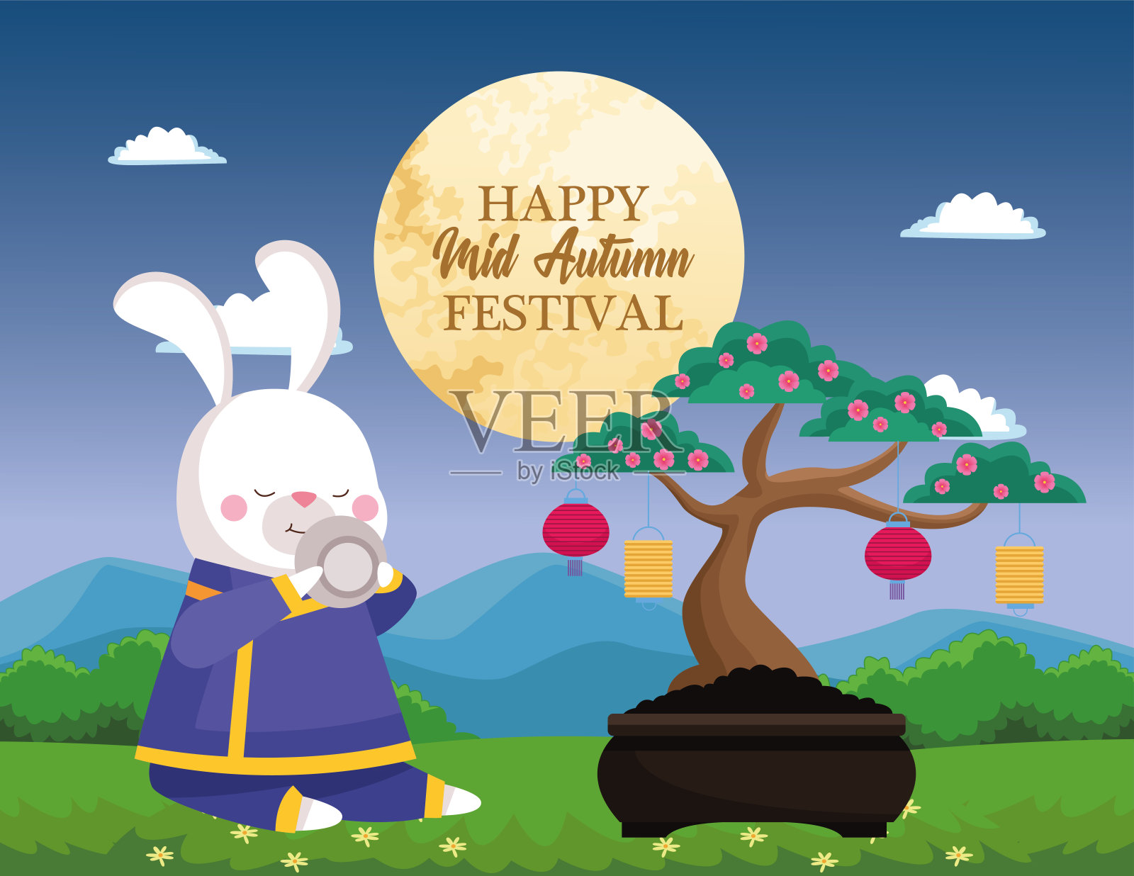 兔子卡通在传统布与茶杯和树矢量设计设计模板素材