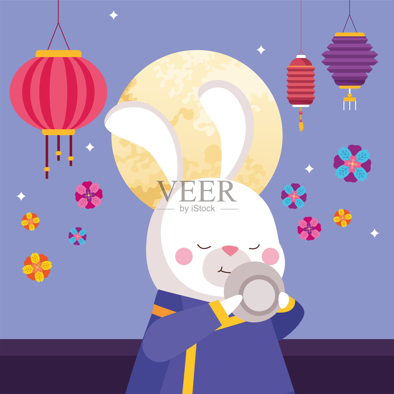 兔子卡通在传统的布与茶杯和灯笼矢量设计插画图片素材