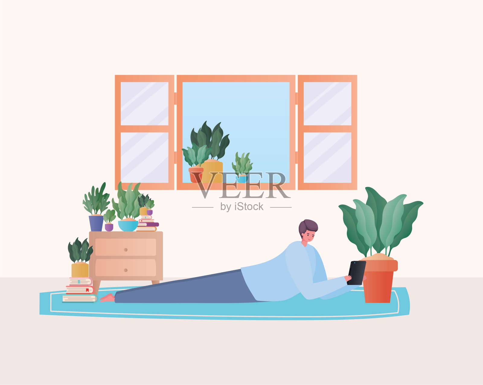 用平板电脑研究地毯矢量设计的人插画图片素材