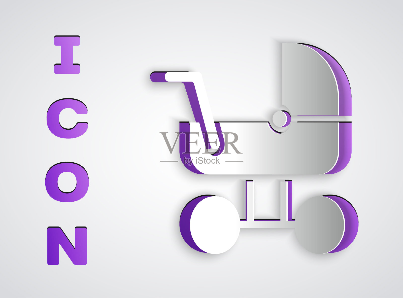 剪纸婴儿推车图标孤立在灰色背景。婴儿车，手推车，婴儿车，手推车，手推车。纸艺术风格。向量插画图片素材