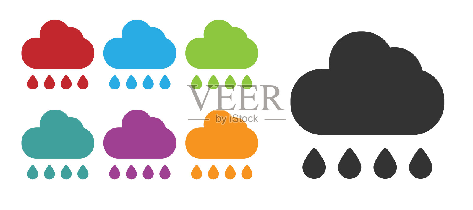 黑云雨图标孤立在白色背景。雨云以雨滴降水。设置彩色图标。向量图标素材