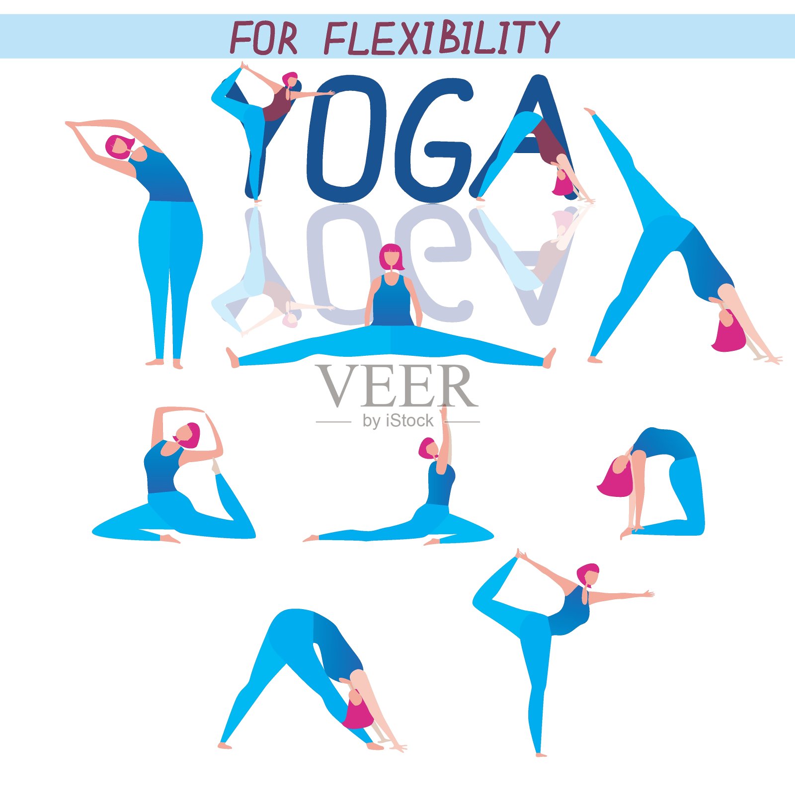 信息图与瑜伽姿势和年轻女孩作为健康的概念，活动，运动，平面矢量股票插图与一套瑜伽体式的灵活性插画图片素材