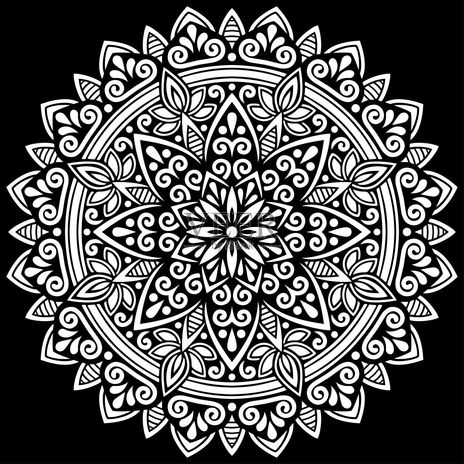 白色曼荼罗在黑色图案模板涂鸦素描插画图片素材