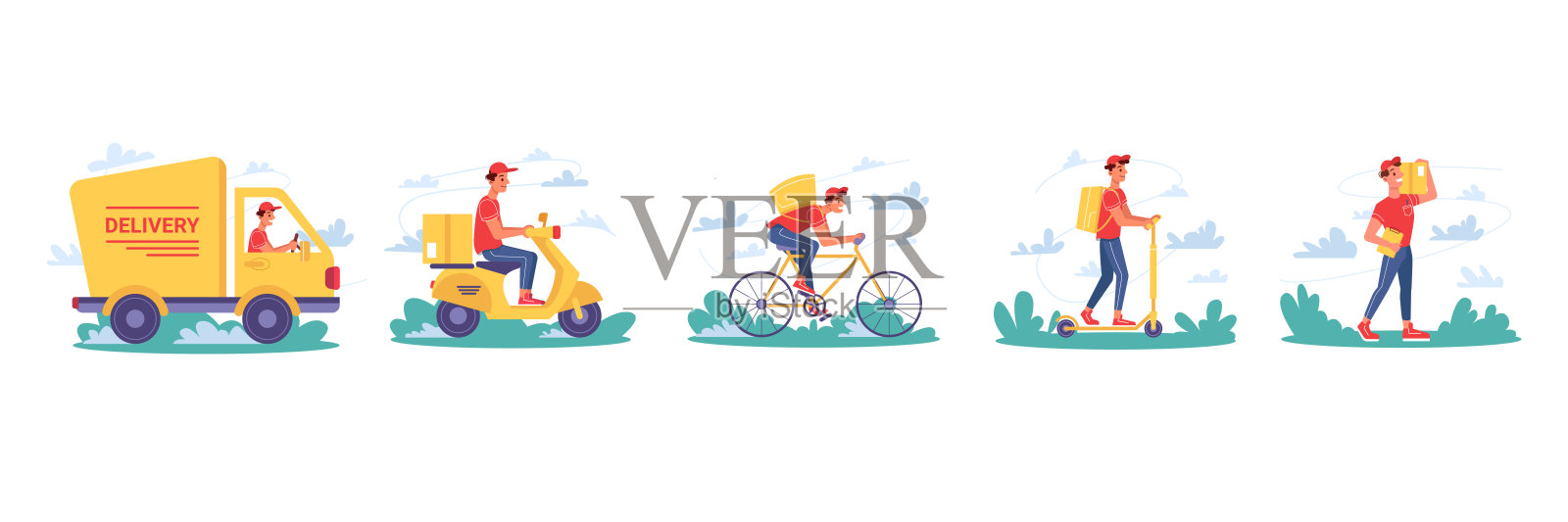 快递服务，快递员递送包裹盒子上的自行车和助力车，矢量孤立的平面卡通图标。快递卡车，快递员或男孩送黄色的包裹或邮筒插画图片素材