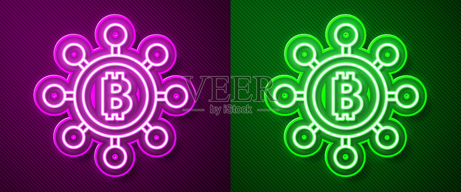 比特币图标孤立在紫色和绿色背景上。抽象几何区块链网络技术业务。向量插画图片素材