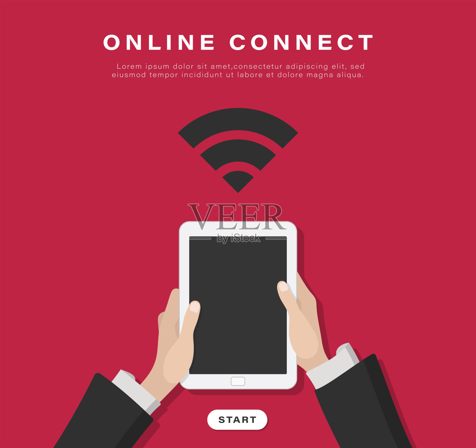 商业横幅，背景。网络连接。人手拿着红色背景的平板电脑。业务空间。矢量插图。插画图片素材