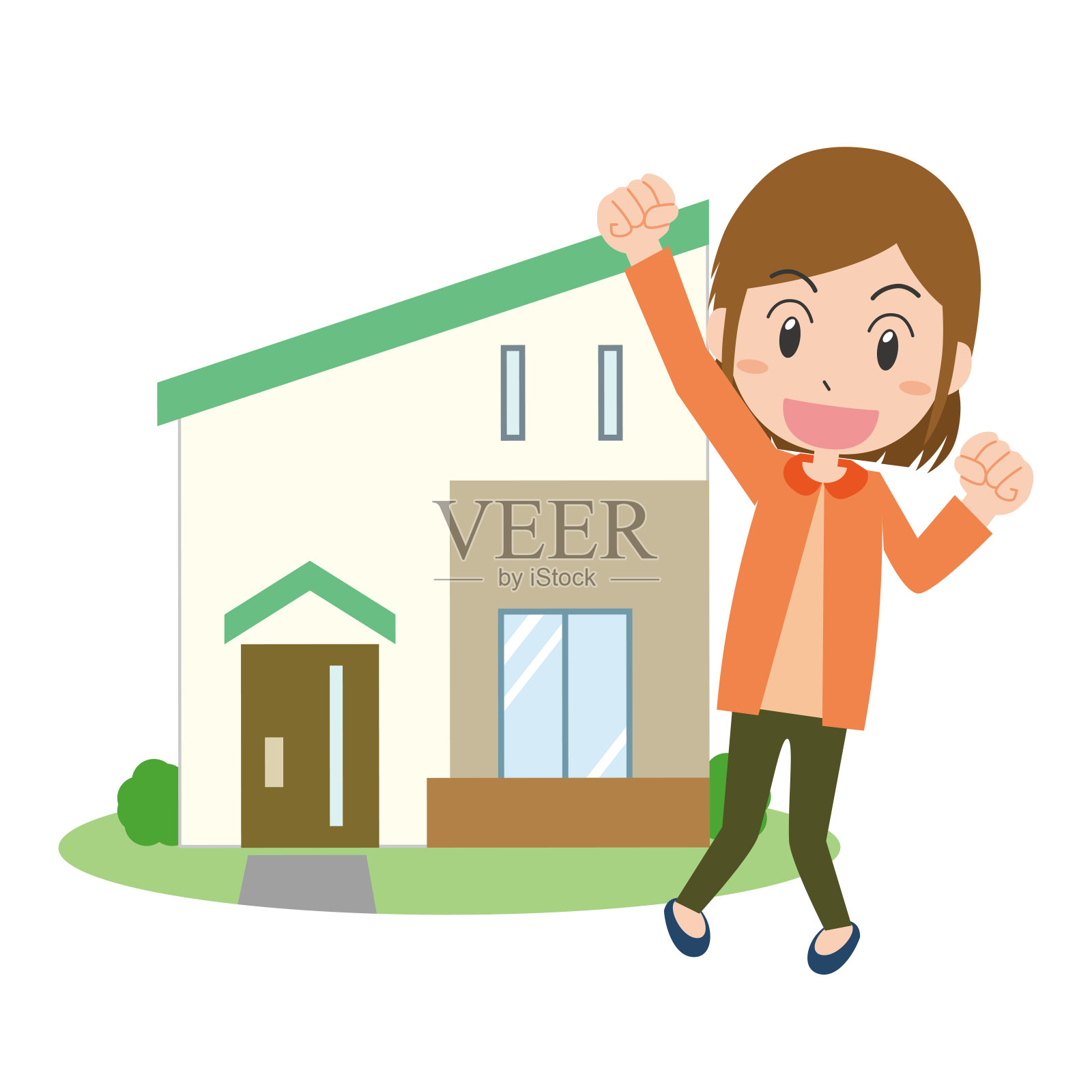 一个在我家门前欢欣鼓舞的女人插画图片素材