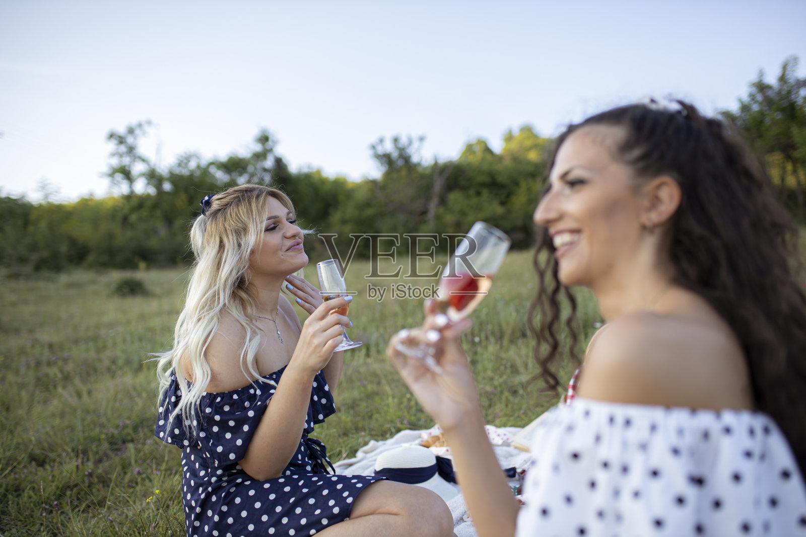 两个最好的朋友去野餐，喝了酒照片摄影图片
