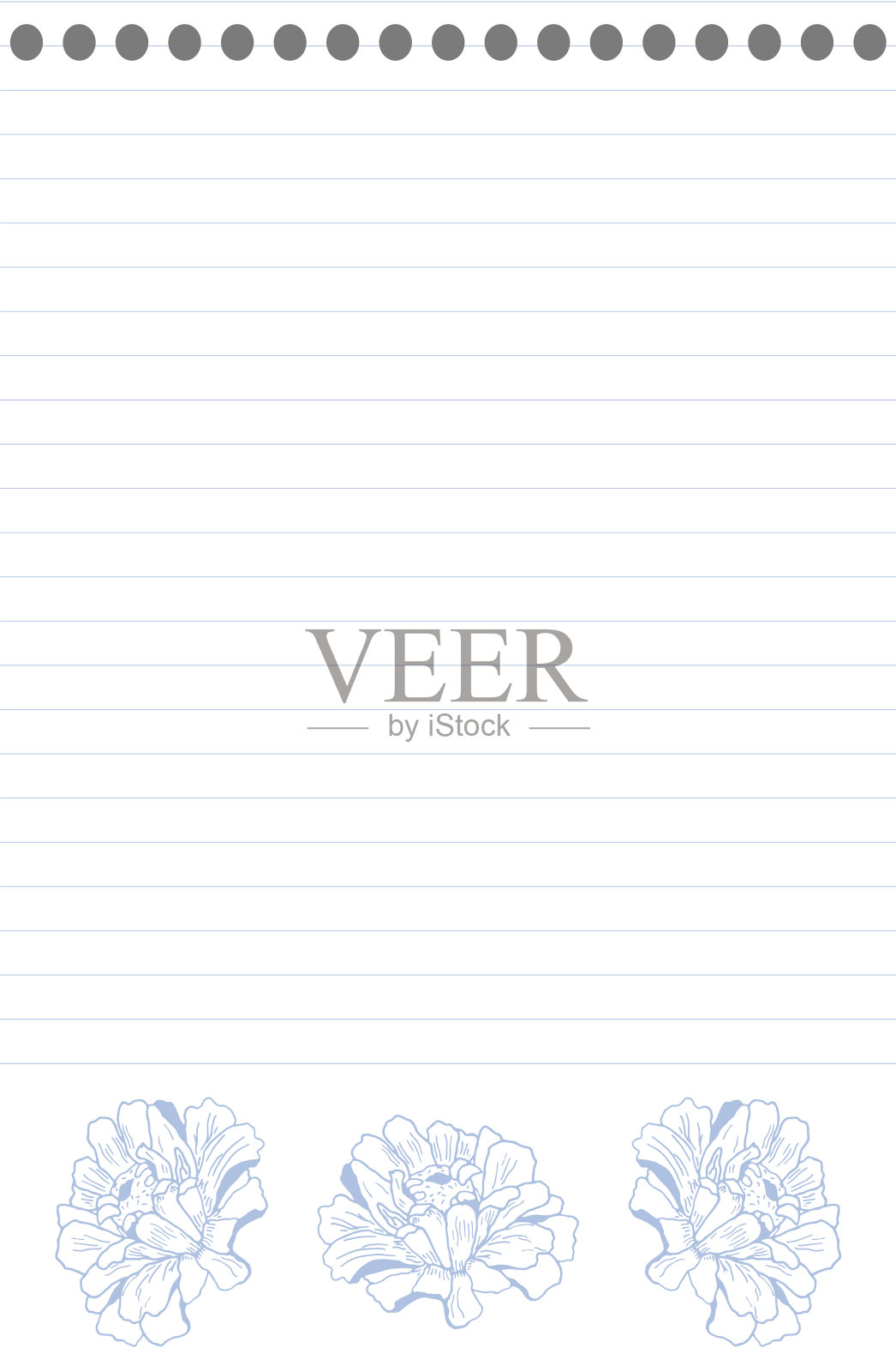 现实向量垂直规定笔记本模板与花在底部。抄写与内衬的空白矩形纸环螺旋活页夹，组织者模型教育或商业笔记插画图片素材