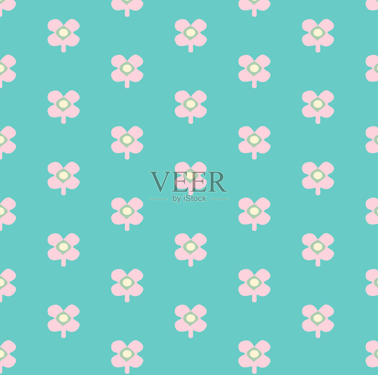 粉红色花朵无缝图案，绿色背景插画图片素材