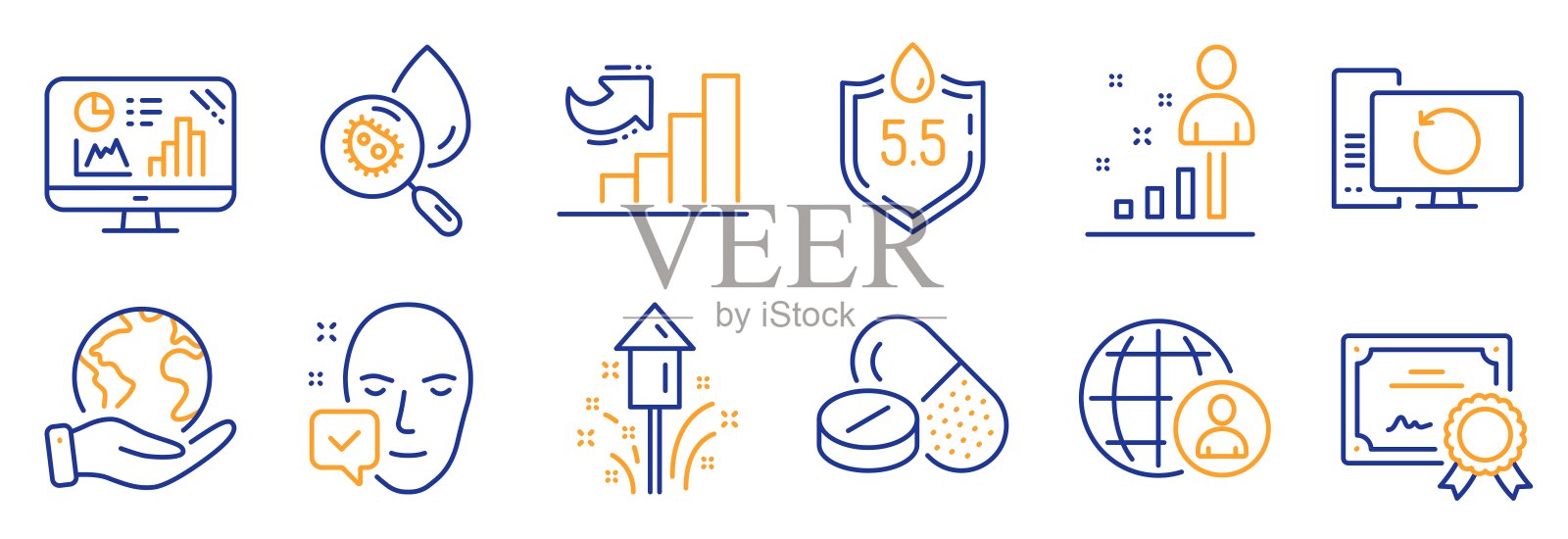 一套科学图标，如Ph值中性，烟花，脸接受。向量图标素材