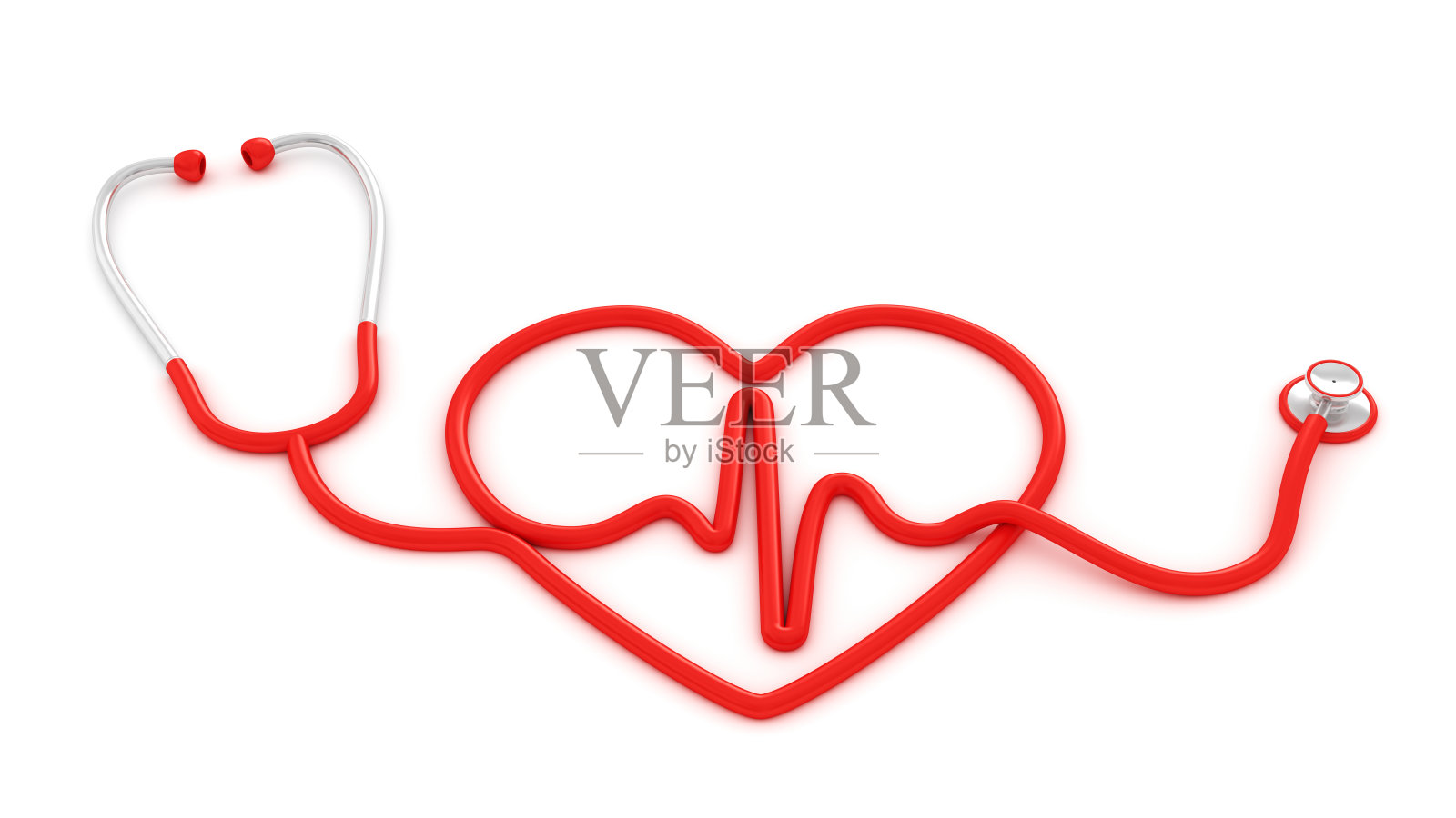 医用听诊器为红色心脏形状，心电图为白色背景孤立。医疗保健和健康生活理念。心率测量，心律失常，起搏器，脉搏描记医疗图标。照片摄影图片