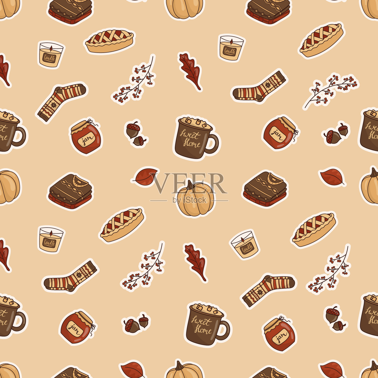 矢量插图的无缝涂鸦图标-贴纸上的秋天主题。暖色调，卡通温馨风格。插画图片素材